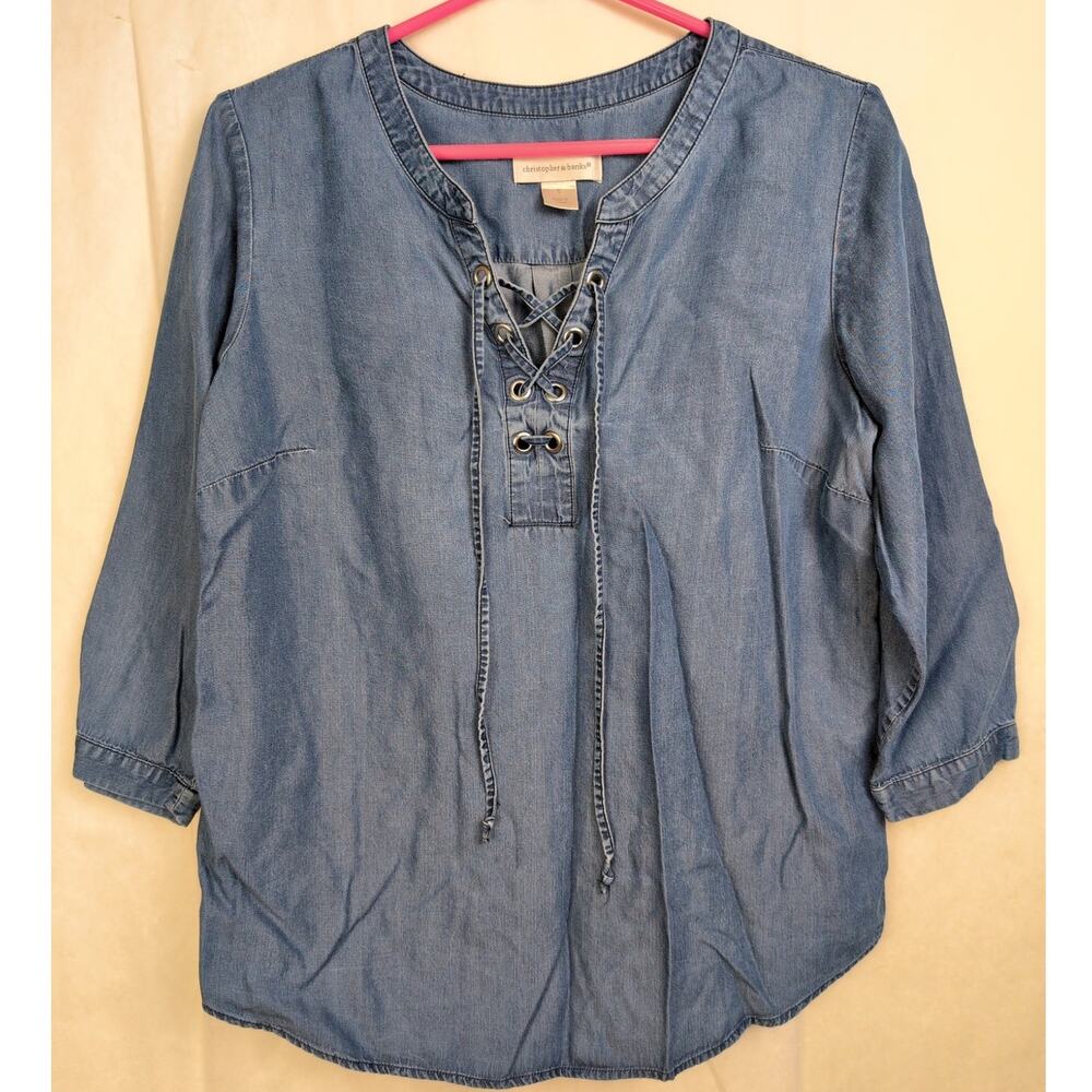 Christopher and Banks lace up chambray 3/4 sleeve top size Sm Western Casual
